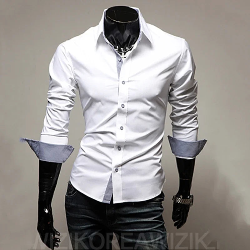 Slim Fit Mens Striped Shirts 2024 Long Sleeve Gray Male