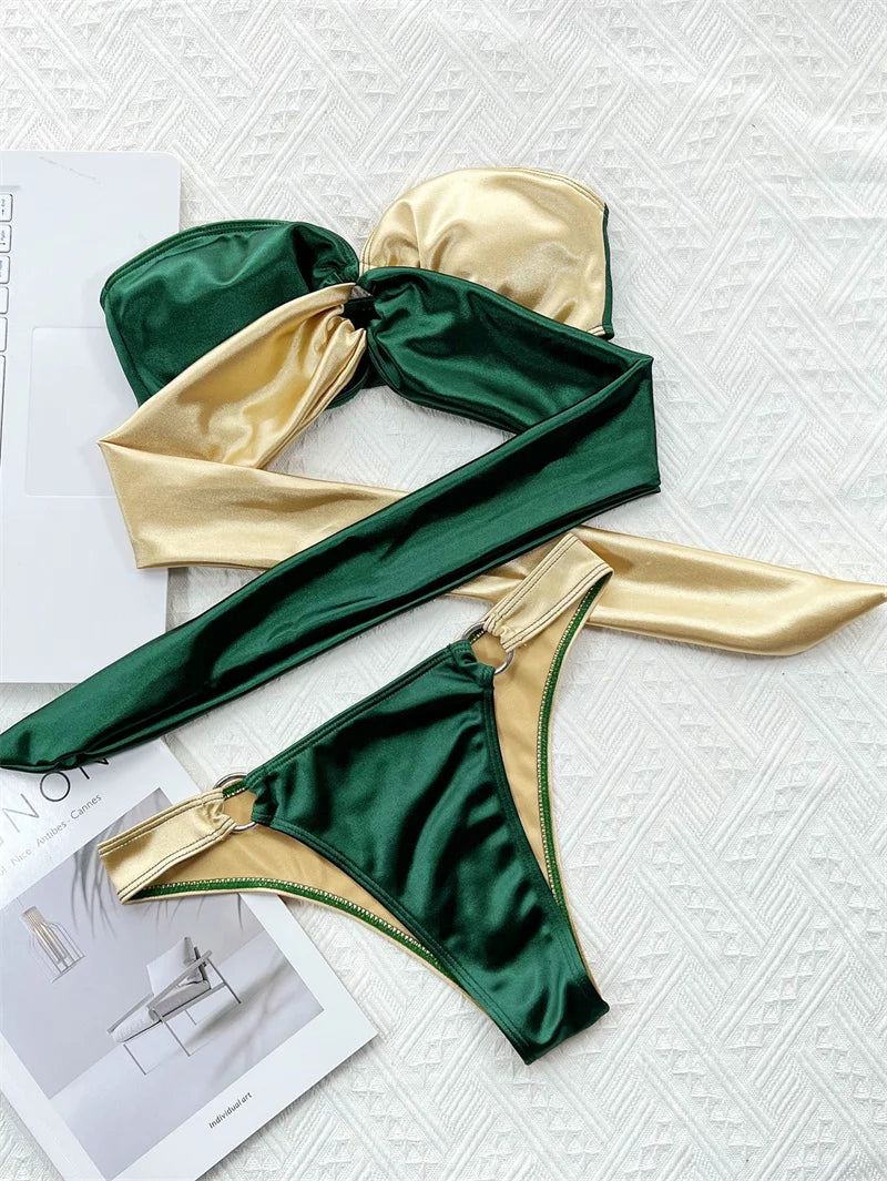 Para Praia Green Gold Bikini 2023 Sexy Strapless Bandeau Swimwear Women