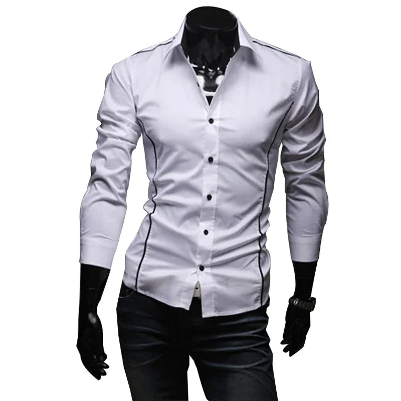 Slim Fit Mens Striped Shirts 2024 Long Sleeve Gray Male