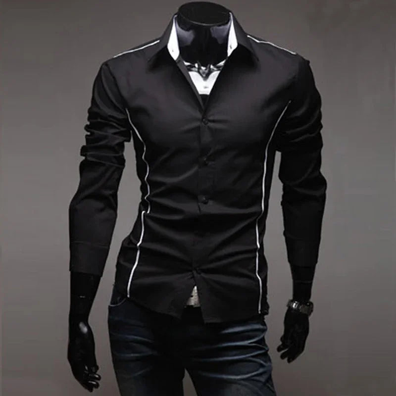 Slim Fit Mens Striped Shirts 2024 Long Sleeve Gray Male