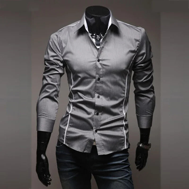 Slim Fit Mens Striped Shirts 2024 Long Sleeve Gray Male