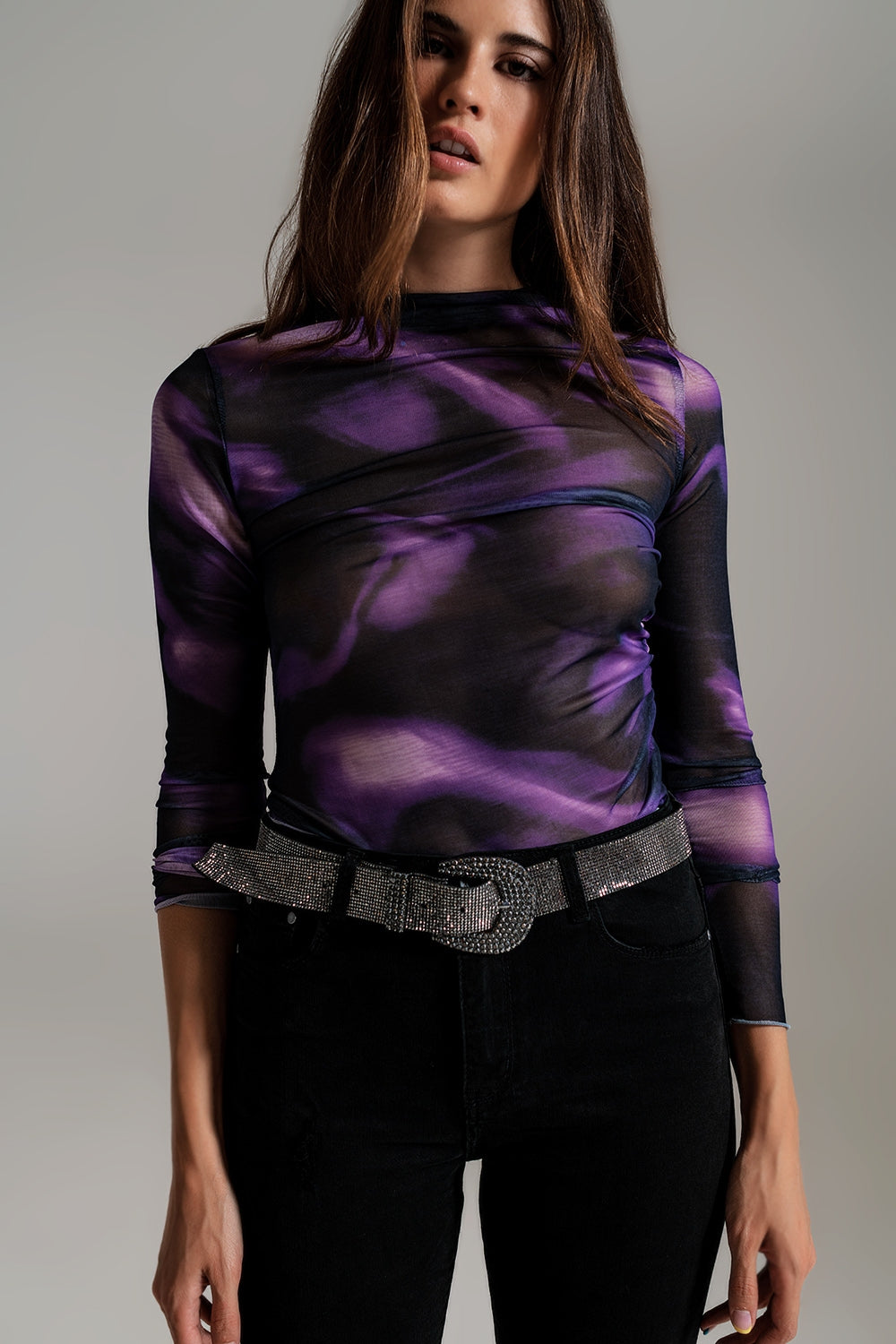 Mesh Top Rouched at the Side in Abstract Purple Print