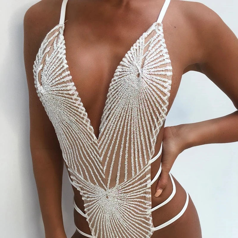 New Sequni Diamond One Piece Swimsuits 2022 Bling Sexy Swimwear Solid Bikini