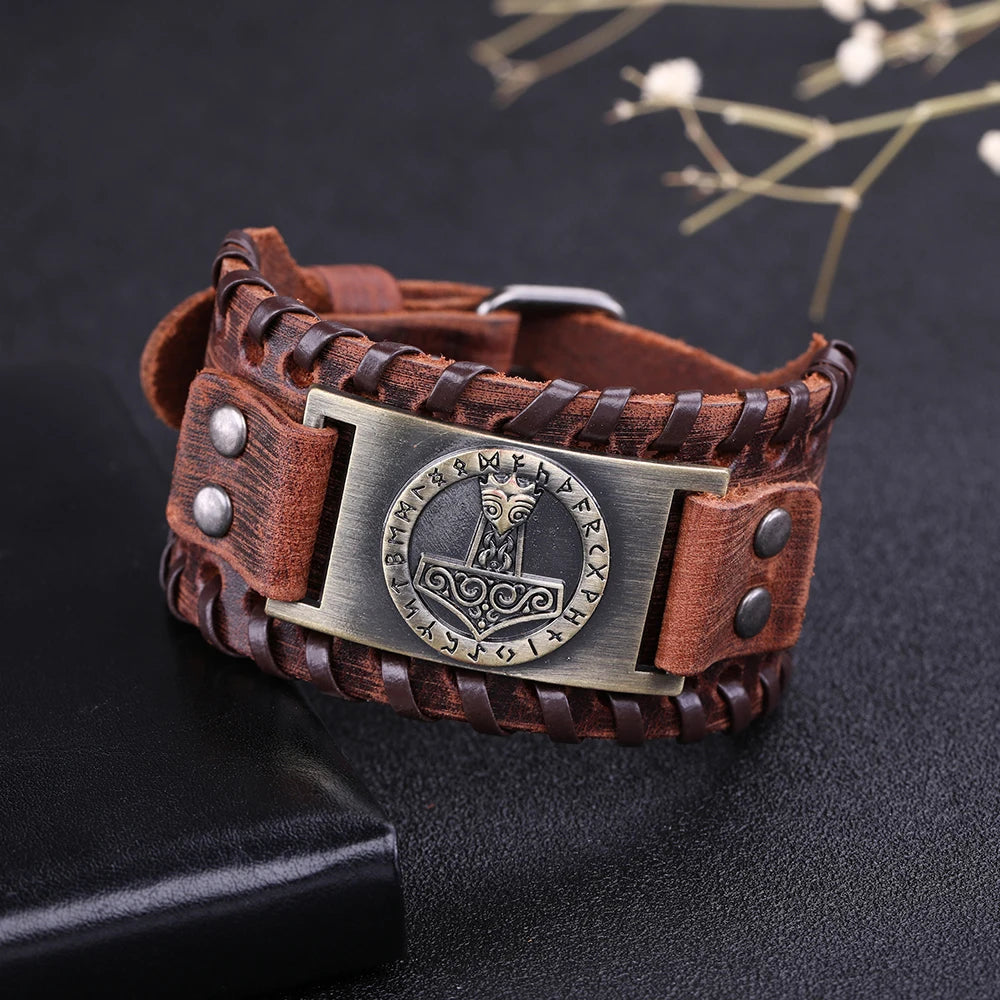 Skyrim Thor Hammer Genuine Leather Bracelets Men