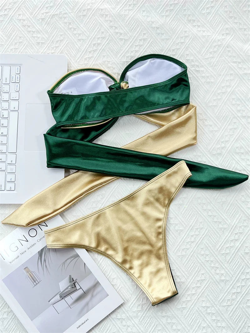 Para Praia Green Gold Bikini 2023 Sexy Strapless Bandeau Swimwear Women